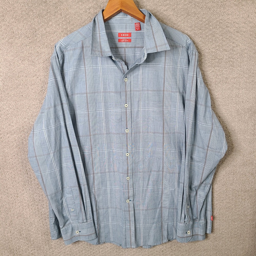 Izod Shirt Mens XL Blue Plaid Slim Fit Button Down Long Sleeve Casual Workwear